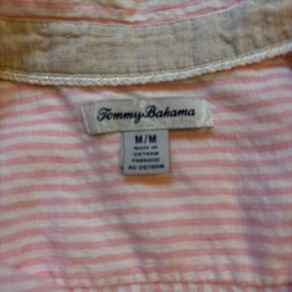 Tommy Bahama Striped Linen Blend Button Up Shirt Pink Medium - Picture 2 of 9